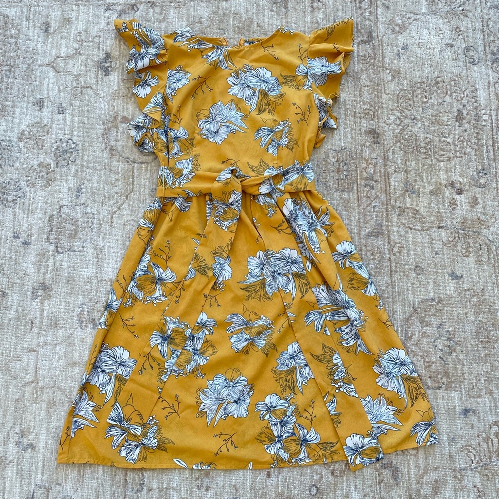 Marigold color, feminine floral dress size small.